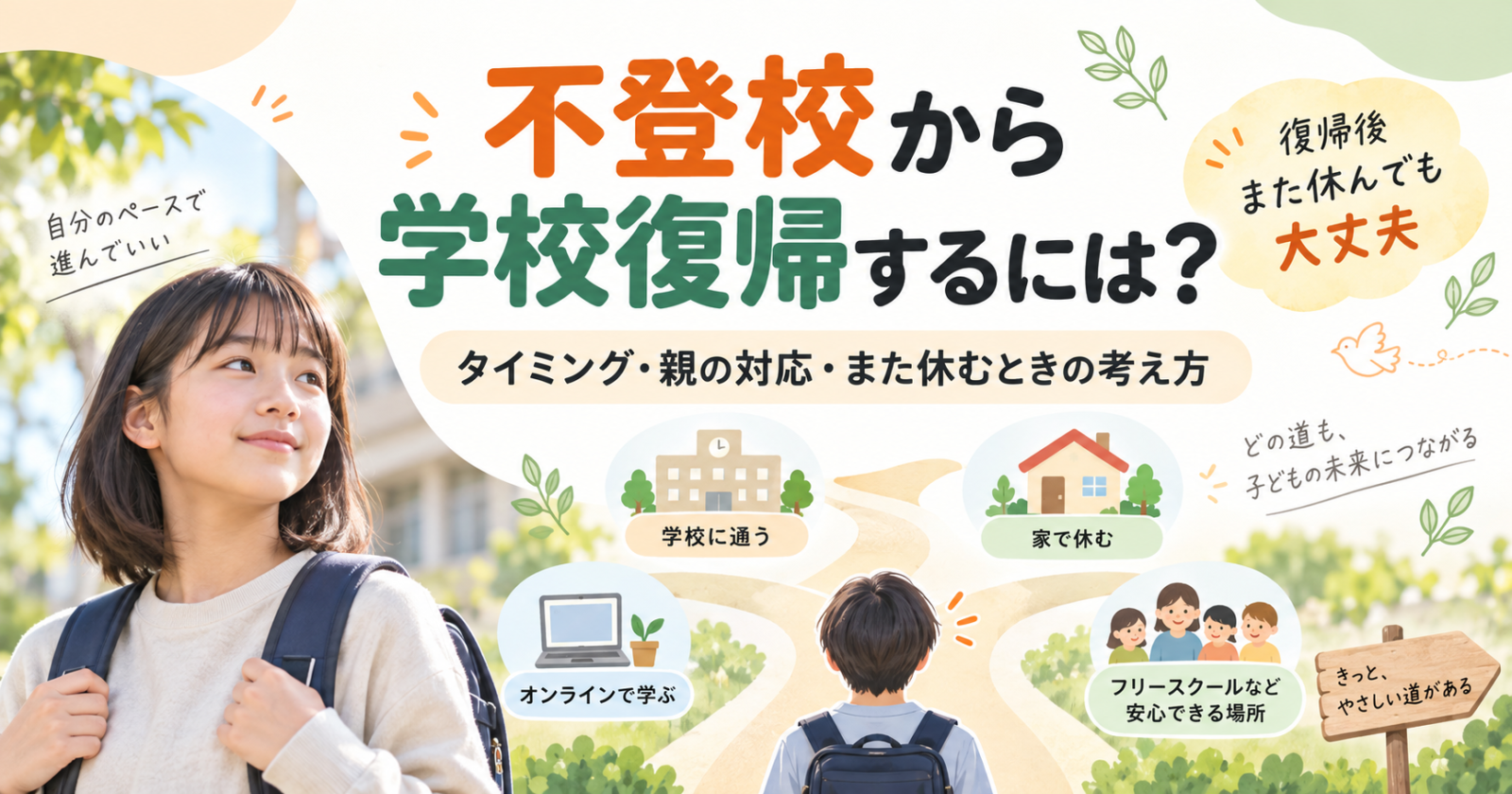 不登校から学校復帰するタイミングや親の対応、復帰後にまた休むときの考え方を示したアイキャッチ画像