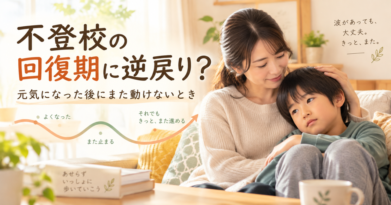不登校の回復期に逆戻りしたように見える子どもに寄り添う保護者｜焦らず見守るイメージ