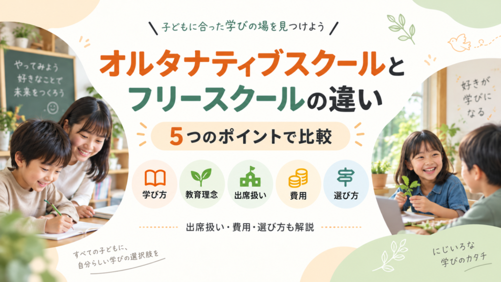 オルタナティブスクールとフリースクールの違いを、学び方・教育理念・出席扱い・費用・選び方の5つのポイントで比較したアイキャッチ画像