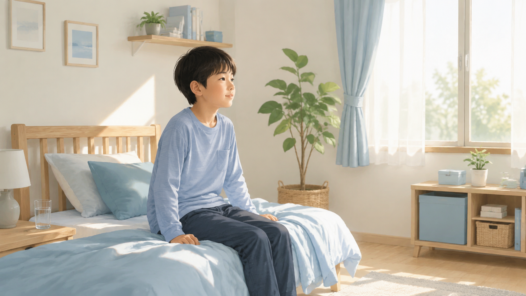 朝、ベッドに腰かけて窓からの光をぼんやり見ている中学生