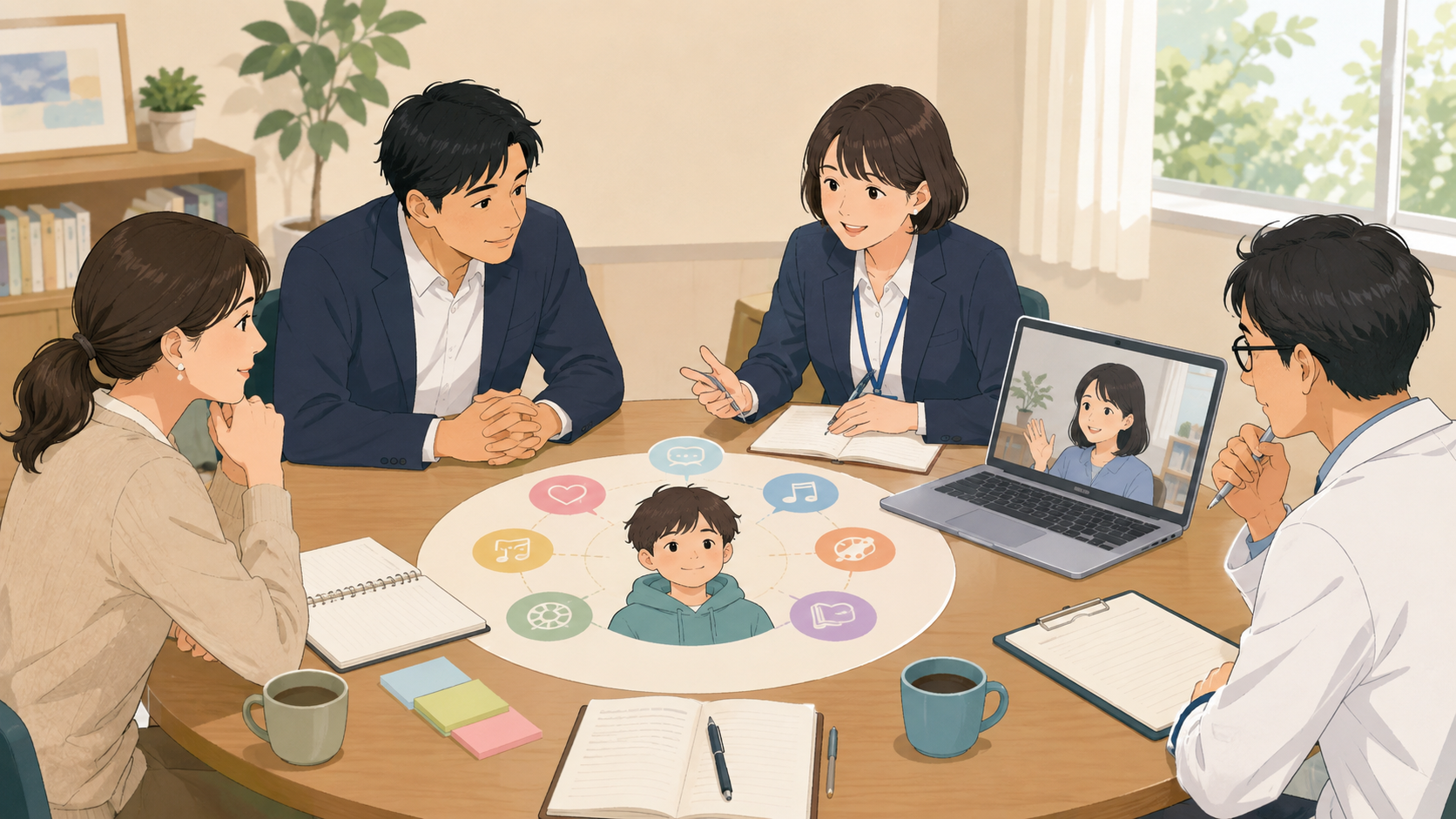 家庭・学校・医療・学びの場が連携して子どもを支える関係のイラスト