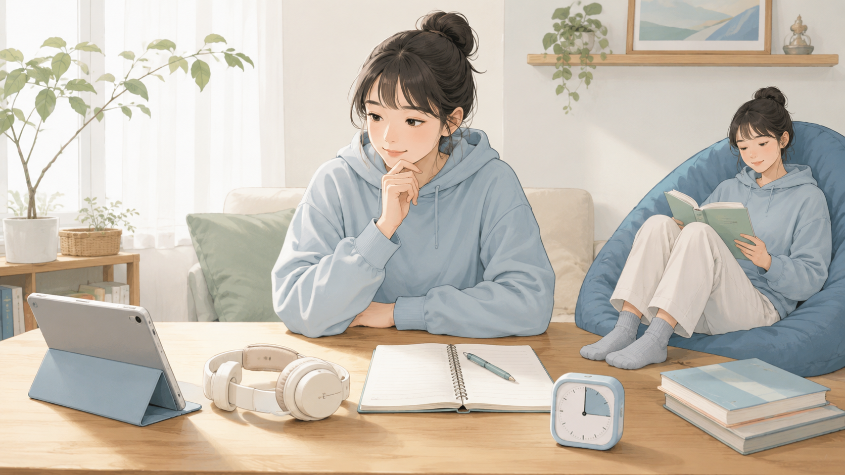 自宅のテーブルで、体調に合わせて自分のペースでタブレットとノートを使って学ぶ中学生