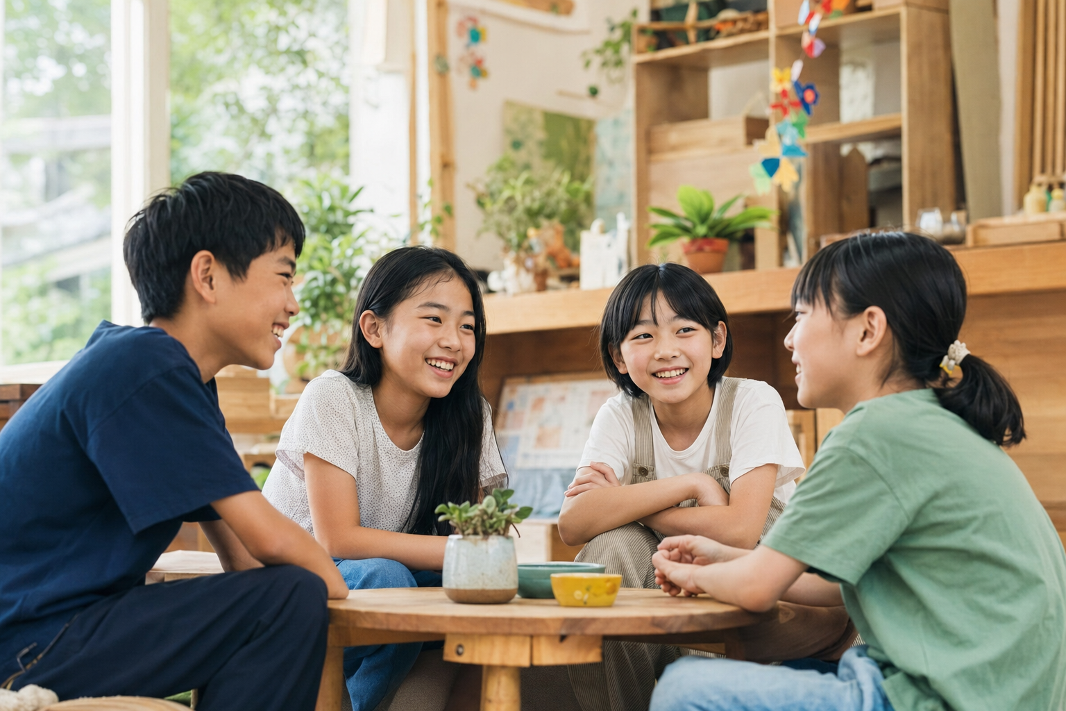 小さなテーブルを囲んで、友だちどうしで笑いながら話している中学生くらいの子どもたち