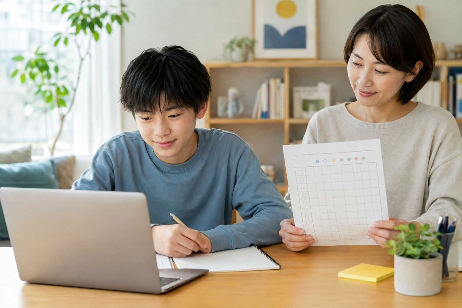 自宅で学習に取り組む子どもと、学習記録を確認する保護者。自宅でのICT等を活用した学習も要件を満たせば出席扱いになる