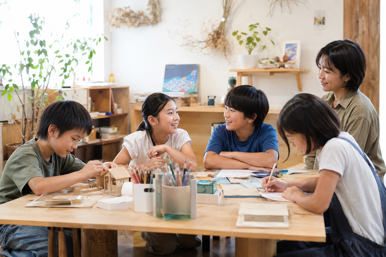 教育支援センターのイメージ。少人数の落ち着いた教室で、子どもたちがそれぞれの活動に取り組み、スタッフが見守っている場面