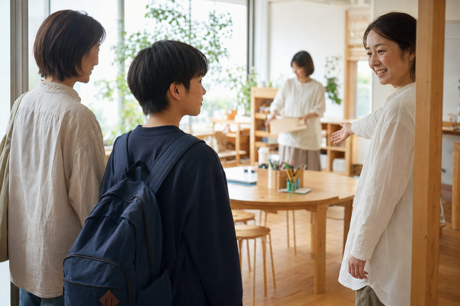 保護者と一緒に学校以外の居場所を訪れ、スタッフに迎えられている中学生の子ども