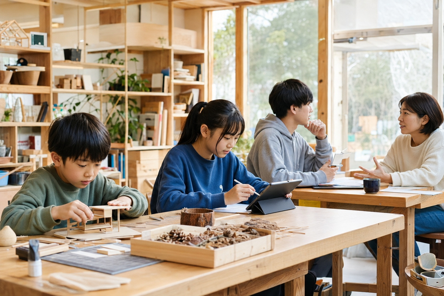 自宅のテーブルで、保護者と中学生の子どもが資料を見ながら一緒に話している場面