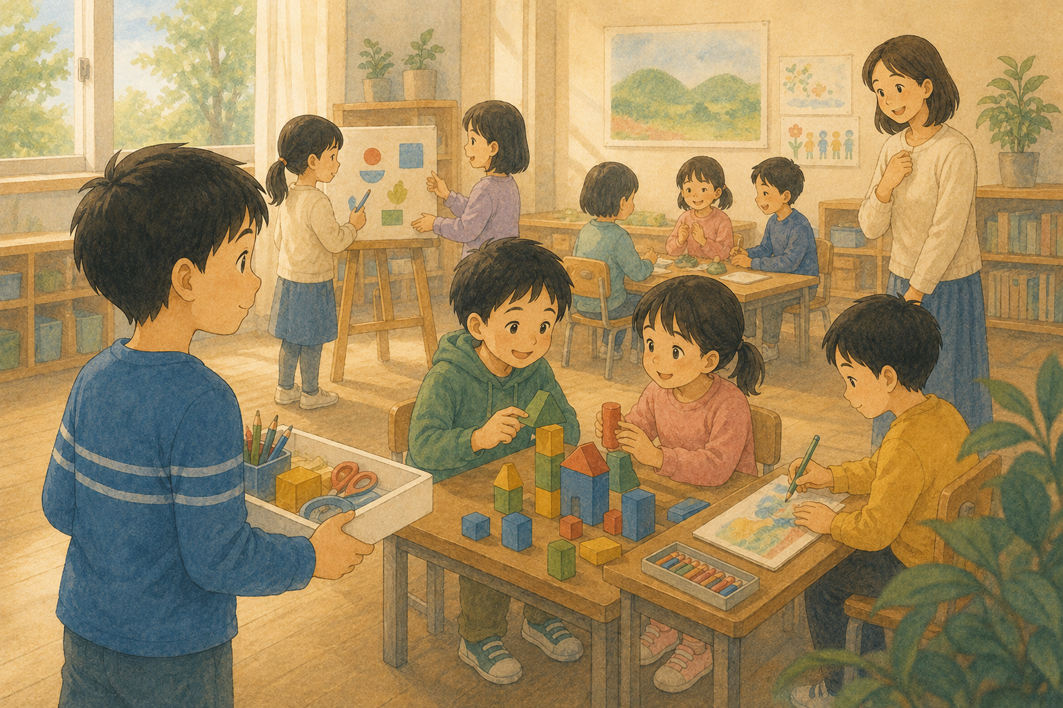集団活動への切り替えに戸惑う子どもへ、手順を見せて支援する先生