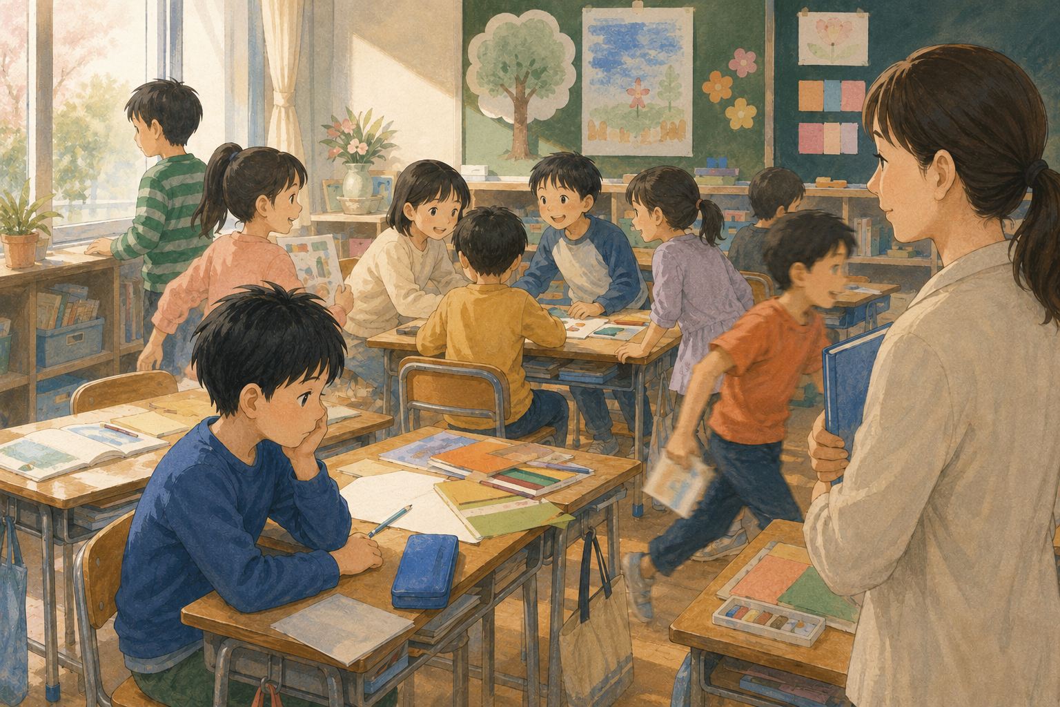 子どもが安心して過ごすそばで、保護者が支援者へ相談する様子