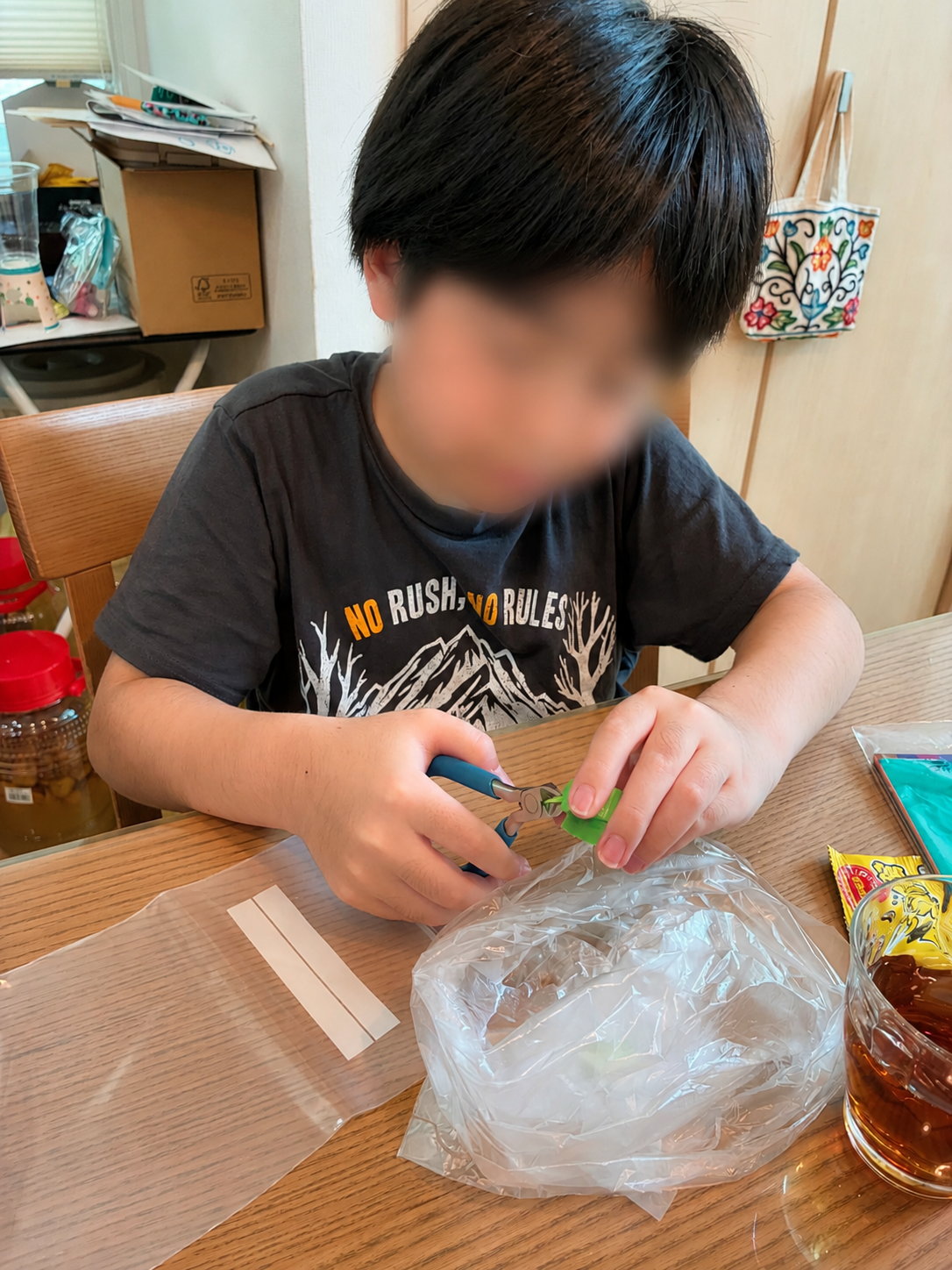 回収したプラスチックを細かく加工し、アップサイクル作品づくりに取り組む様子