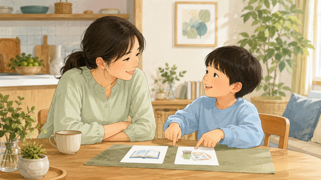 食卓で保護者と子どもが2枚のカードを見ながら、どちらにするかを一緒に選んでいる場面