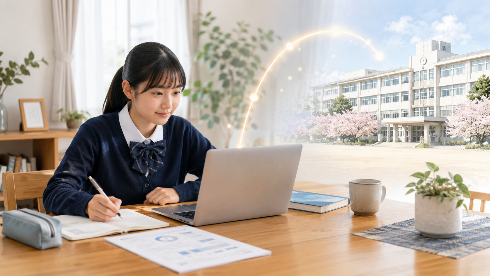 自宅からパソコンを使って学校とつながり学習している子ども