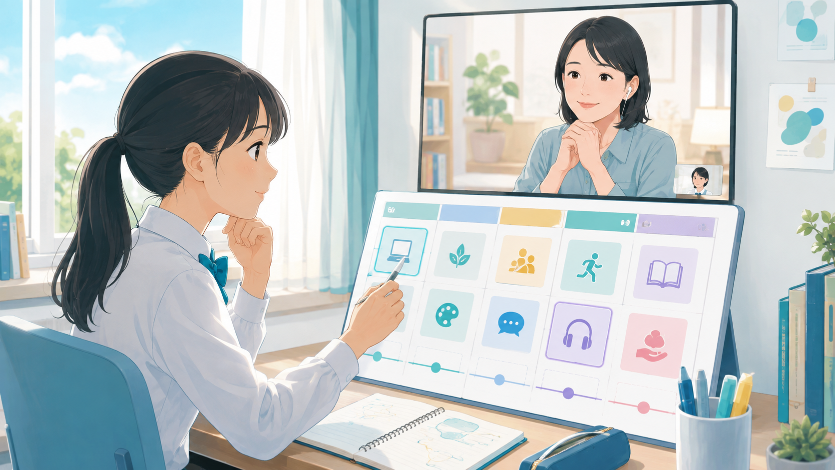 先生と相談しながら自分に合う学び方を選んでいる子ども