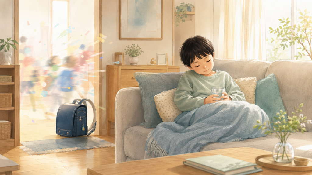 学校から帰った子どもがランドセルを置き、家のソファで静かに休んでいる場面