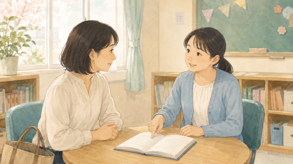 教室で保護者と担任が、ノートを見ながら子どもの様子を話し合っている場面