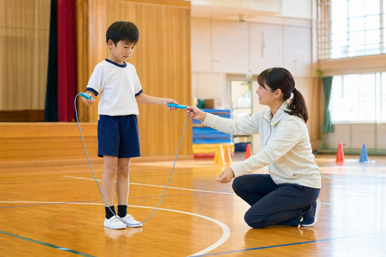 縄跳びの長さを先生と調整しながら練習する子ども