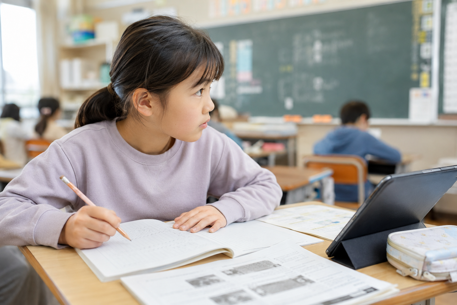 黒板を見ながらノートを書き、プリントやタブレットも活用する子ども