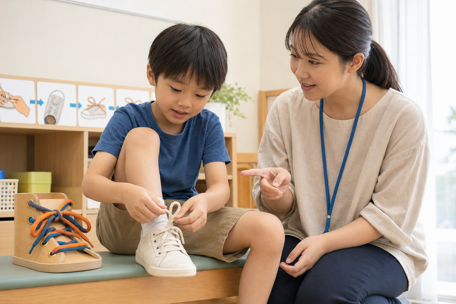 作業療法士に見守られながら靴ひもを一つの工程ずつ練習する子ども