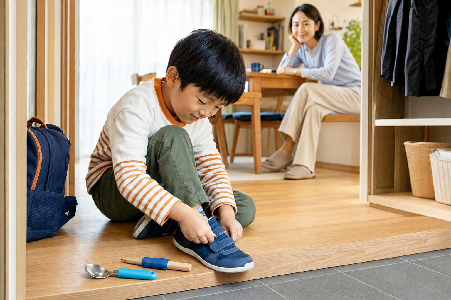 家庭で使いやすい靴や道具を使い、自分で身支度をする子ども