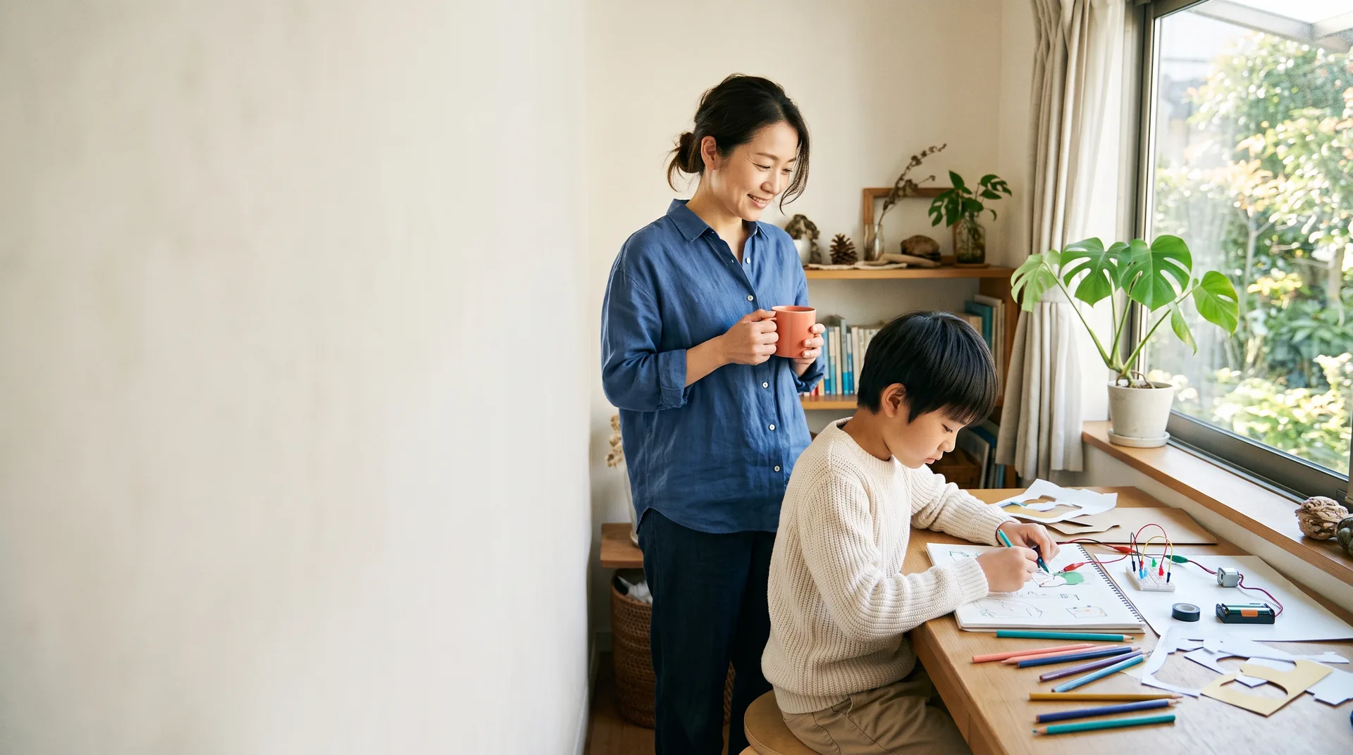 自宅の明るい窓辺で好きな制作に取り組む子どもを、少し離れて見守る保護者