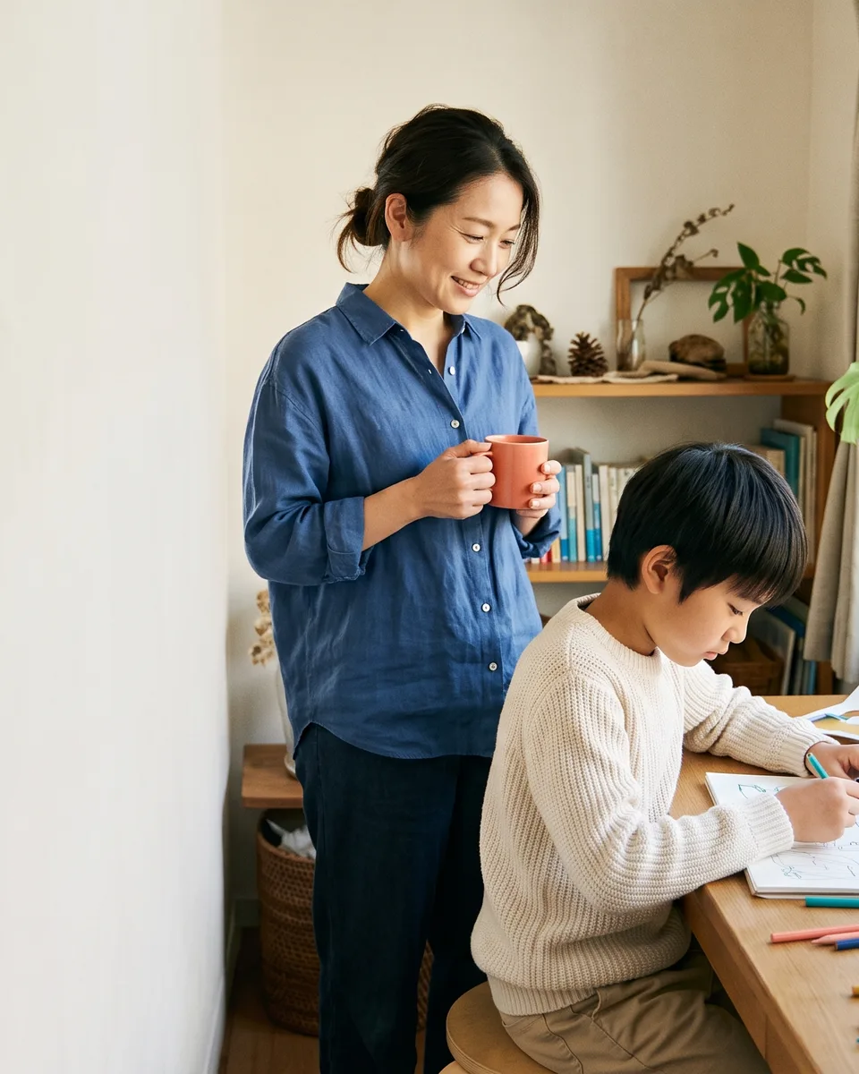 自宅の明るい窓辺で好きな制作に取り組む子どもを、少し離れて見守る保護者