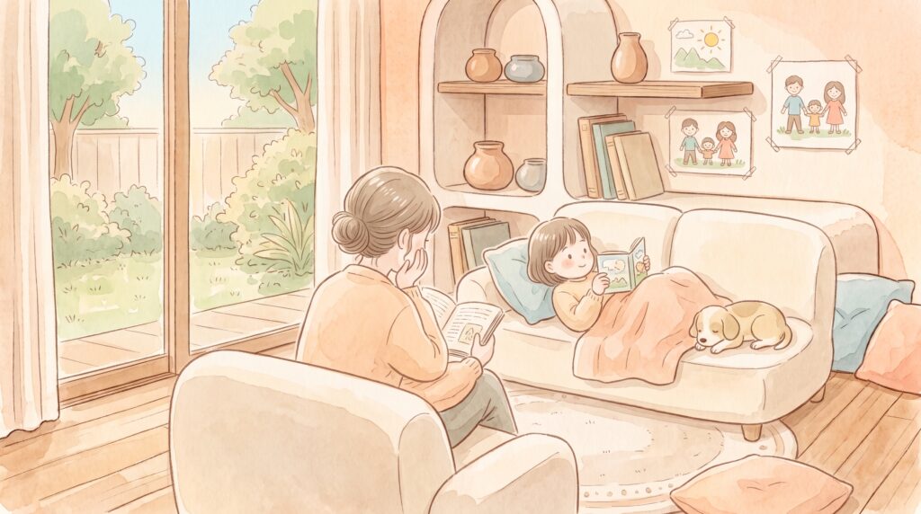 リビングで子どもが本を読み、保護者がそばで見守っている穏やかな家庭のイラスト