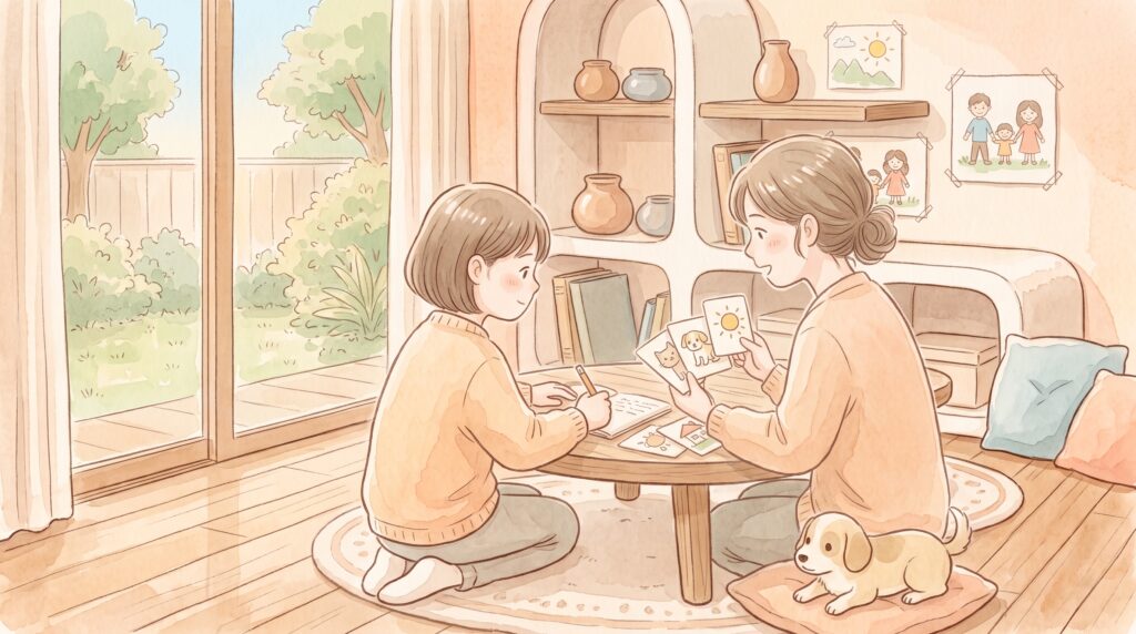 絵カードを使って親子で学習の準備をしている場面のイラスト
