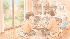 絵カードを使って親子で学習の準備をしている場面のイラスト