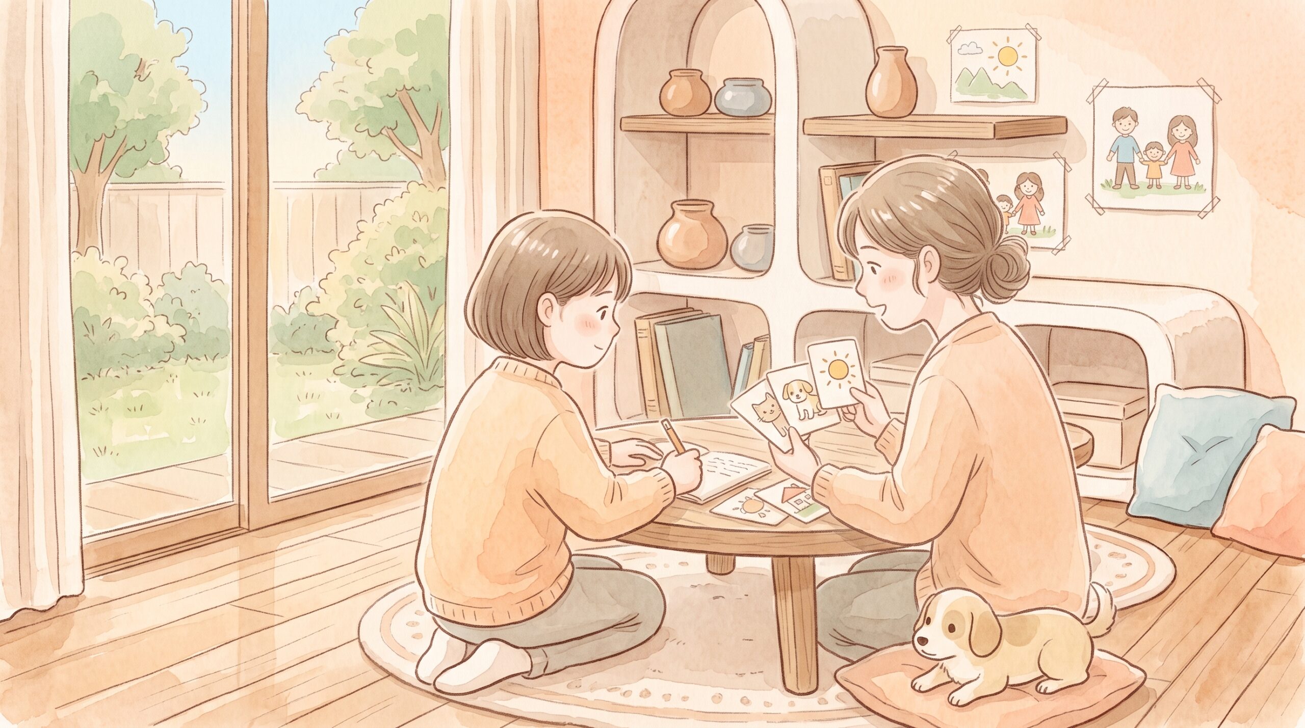 絵カードを使って親子で学習の準備をしている場面のイラスト