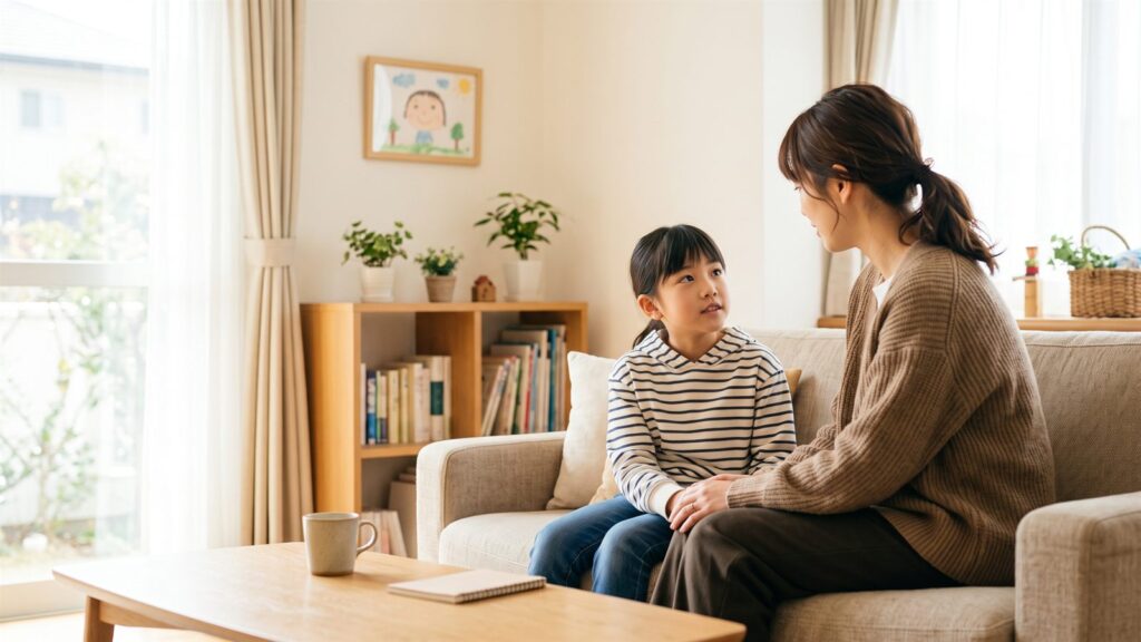 明るいリビングで、保護者が子どもと目線を合わせて話を聴いている場面