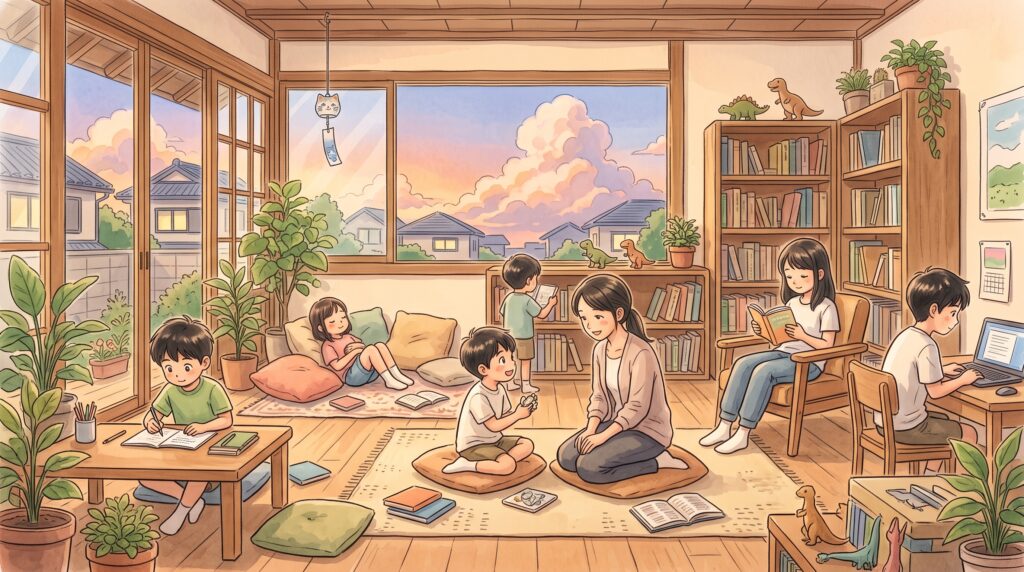 フリースクールの室内で、子どもたちがそれぞれのペースで過ごし、先生がとなりで話を聞いている様子のイラスト