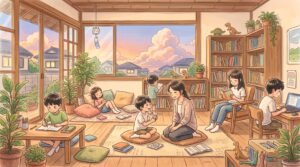 フリースクールの室内で、子どもたちがそれぞれのペースで過ごし、先生がとなりで話を聞いている様子のイラスト