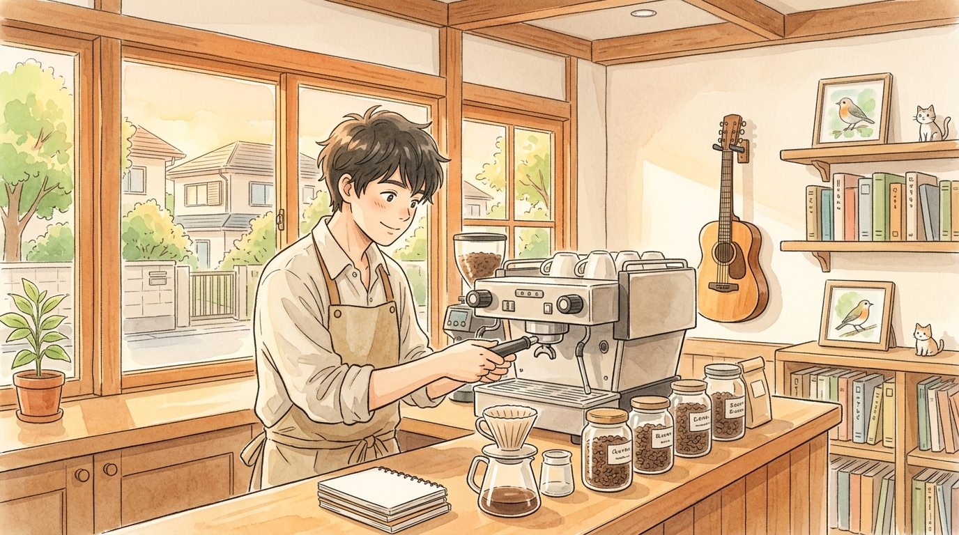 高校を卒業したあと、カフェで働き始めた若者のイラスト。不登校を経験しても進路は一つではないことを表している