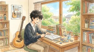 窓辺の机でギターやスケッチブックに囲まれ、好きなことに夢中になっている中学生のイラスト