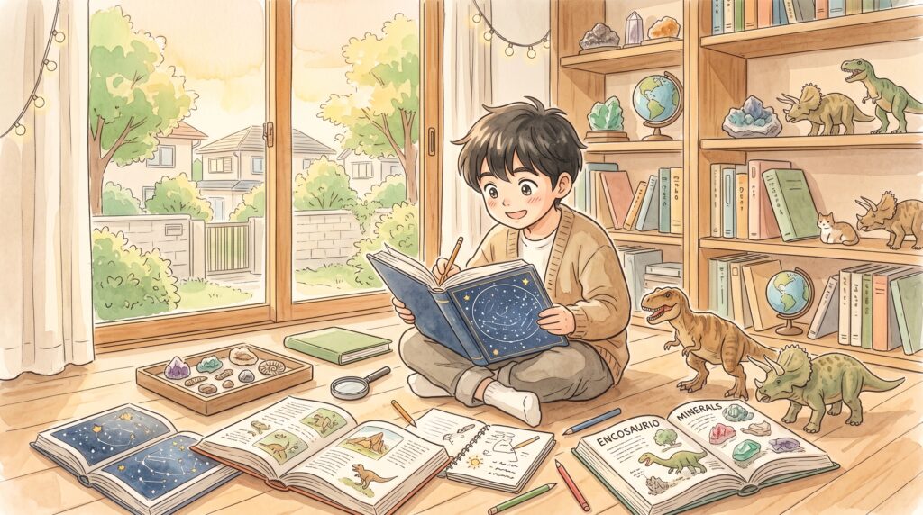 図鑑や鉱石、恐竜の模型に囲まれ、ひとつのことに深く没頭している小学生のイラスト