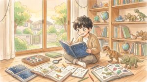 図鑑や鉱石、恐竜の模型に囲まれ、ひとつのことに深く没頭している小学生のイラスト
