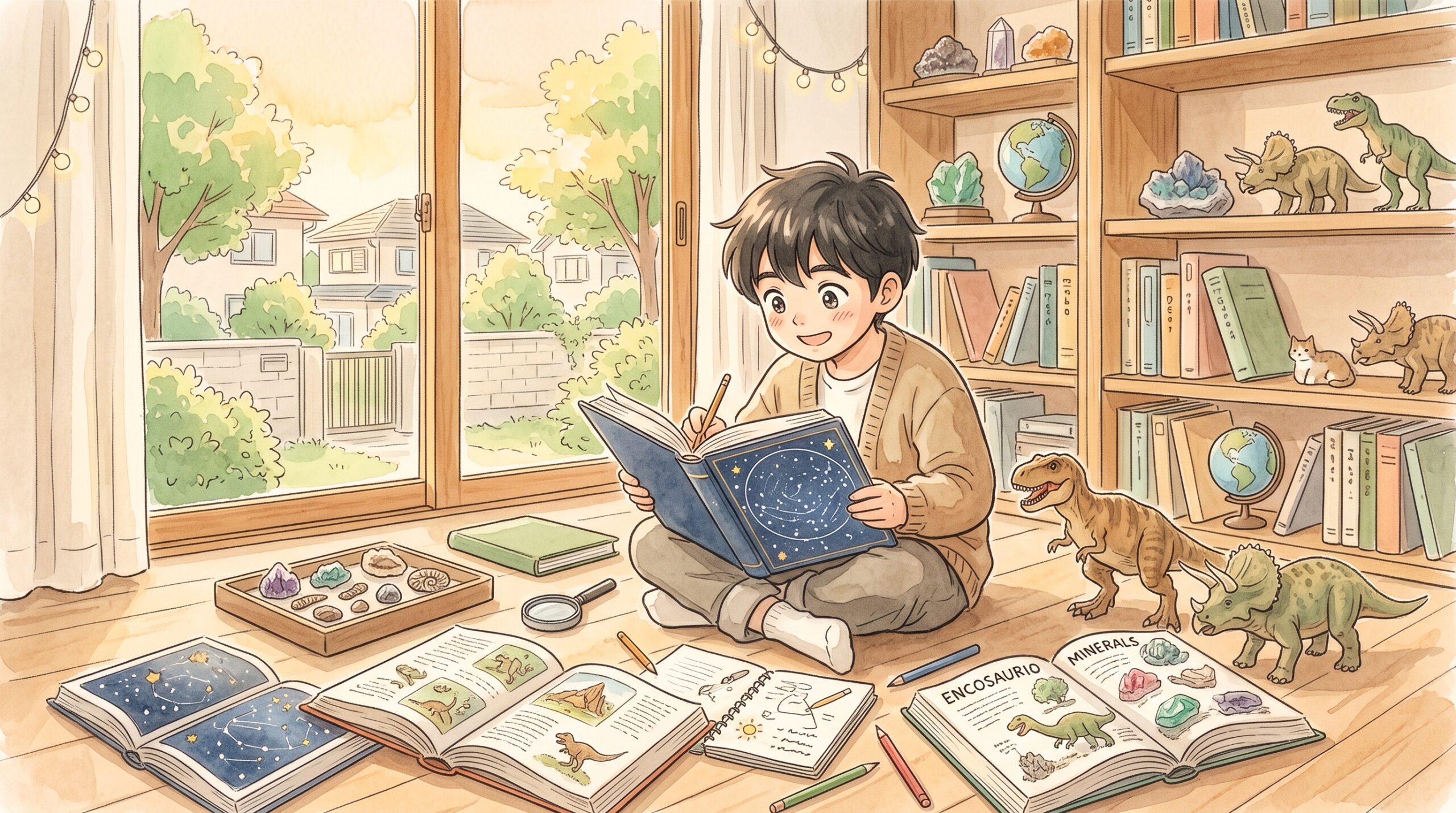 図鑑や鉱石、恐竜の模型に囲まれ、ひとつのことに深く没頭している小学生