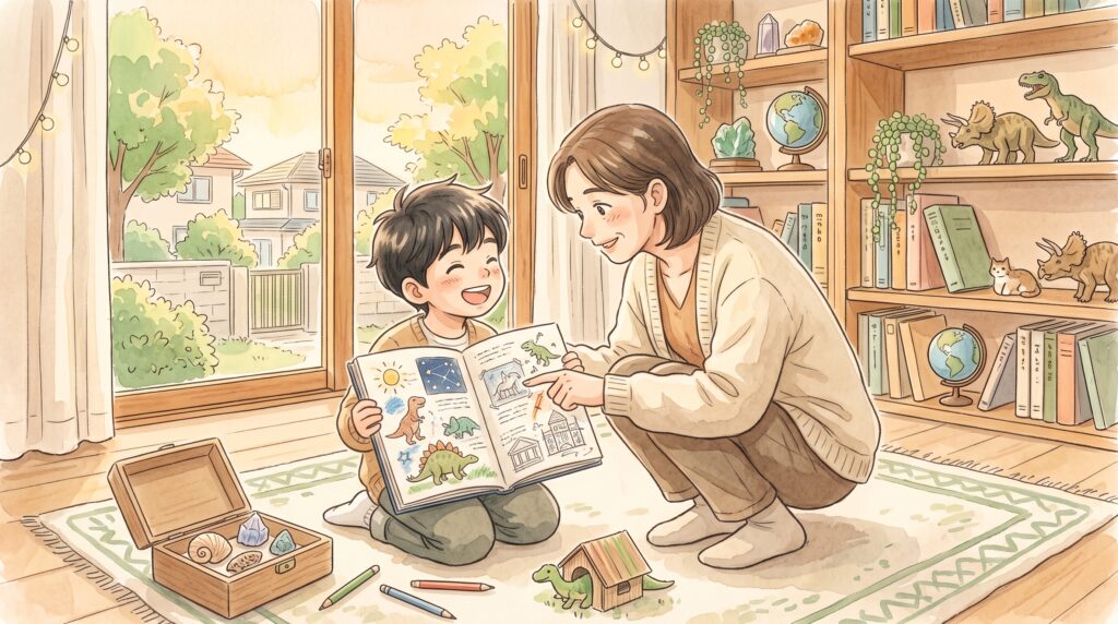 子どもが見つけたことを話し、大人がしゃがんで目線を合わせて聞いている場面