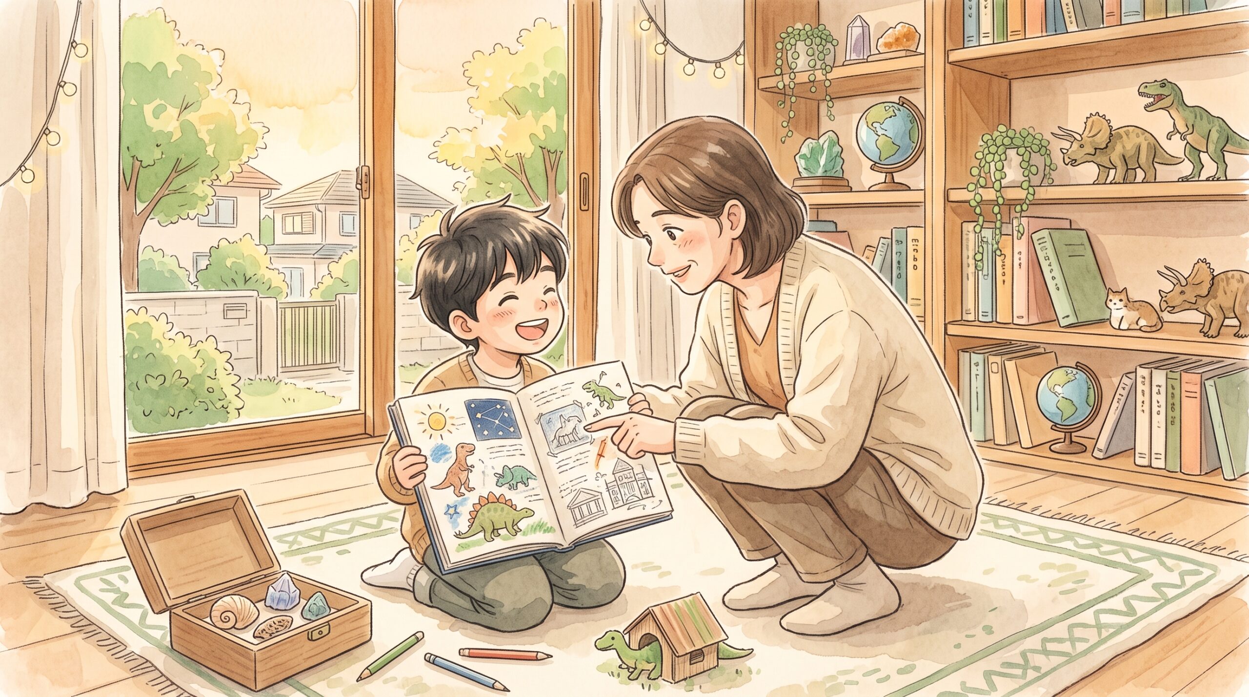 子どもが自分の見つけたことを大人にうれしそうに説明し、大人が身をかがめて聞いている場面のイラスト