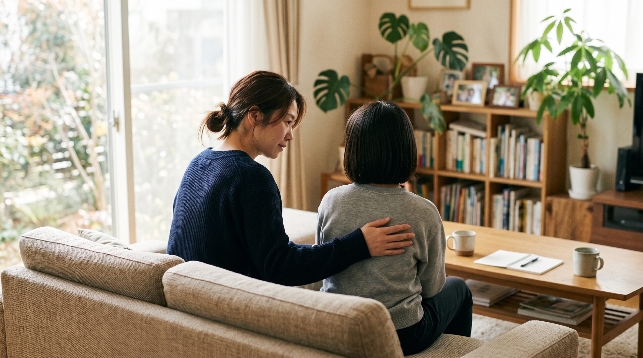 教室で担任の先生が子どもの席のとなりにしゃがみ、やさしく声をかけている場面