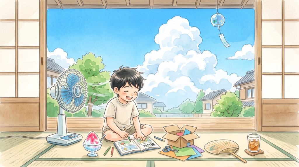 夏休みに扇風機のそばで工作や自由研究に楽しそうに取り組む小学生のイラスト