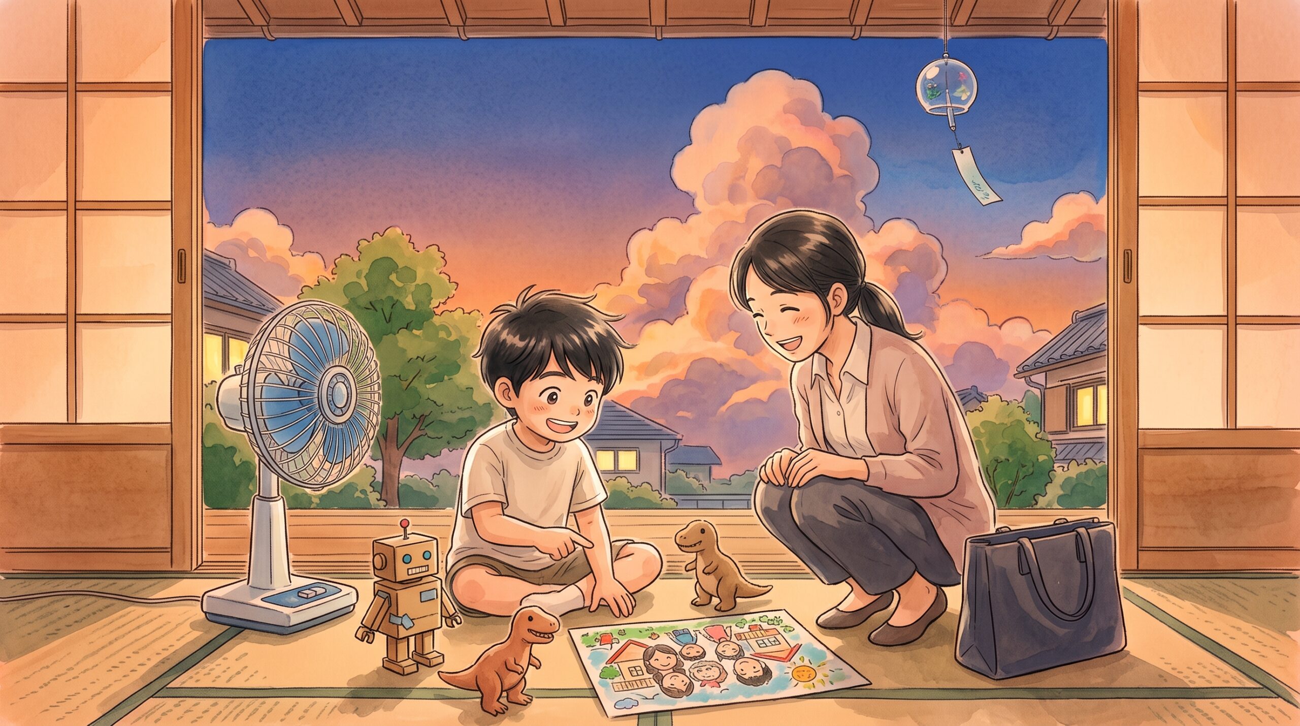 仕事から帰った保護者に、その日つくった工作をうれしそうに見せる子どものイラスト