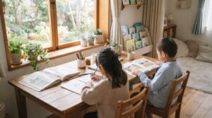 やわらかな自然光が差し込む学びの居場所で、机に向かって静かに過ごす子どもたちのイメージ（横浜市のフリースクール）