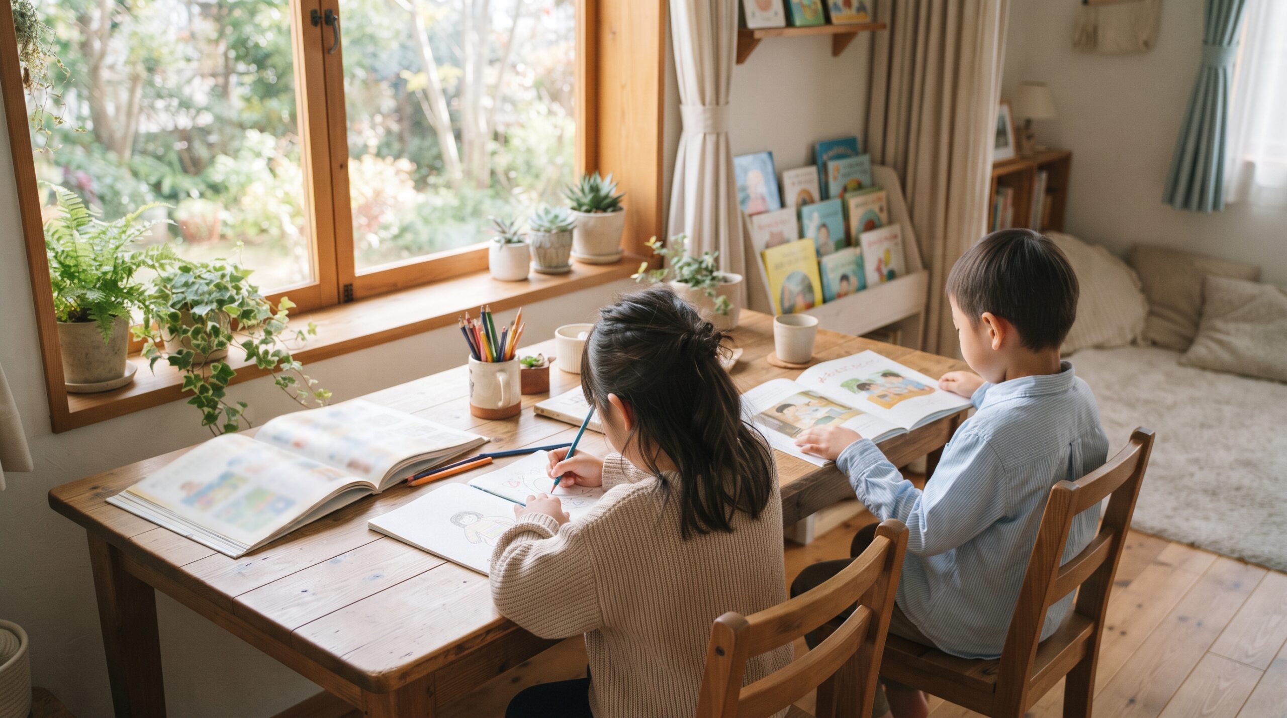 やわらかな自然光が差し込む学びの居場所で、机に向かって静かに過ごす子どもたちのイメージ（横浜市のフリースクール）