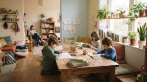 自然光が差し込むフリースクールの居場所で、自分のペースで過ごす子どもたちのイメージ（大阪市のフリースクール）