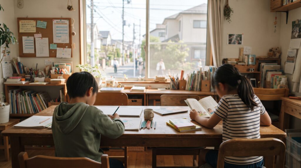 川崎市の住宅街にある、自然光が差し込むフリースクールの居場所で自分のペースで過ごす子どもたちのイメージ