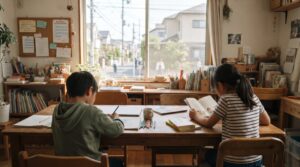 川崎市の住宅街にある、自然光が差し込むフリースクールの居場所で自分のペースで過ごす子どもたちのイメージ