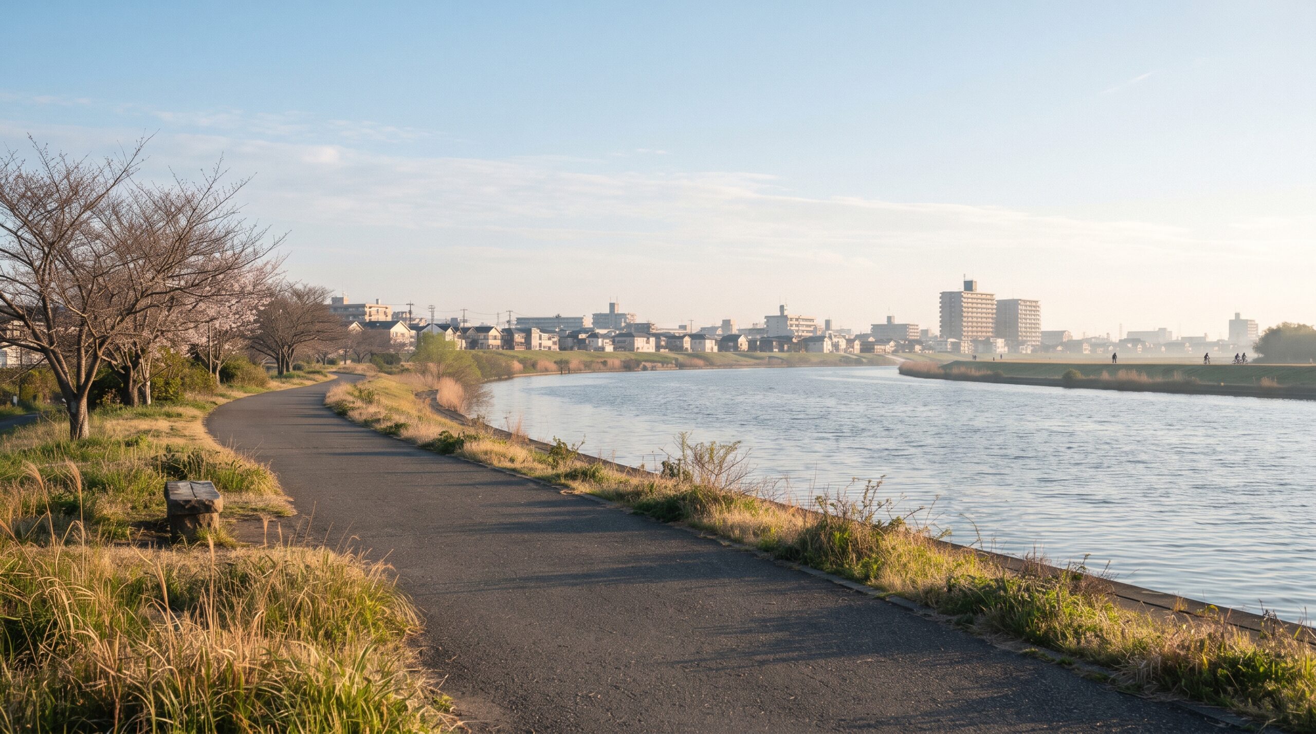 川崎市の多摩川沿いのような、朝の光が差す静かな川辺の遊歩道。学校の外にも安心できる場所があることを感じさせる風景