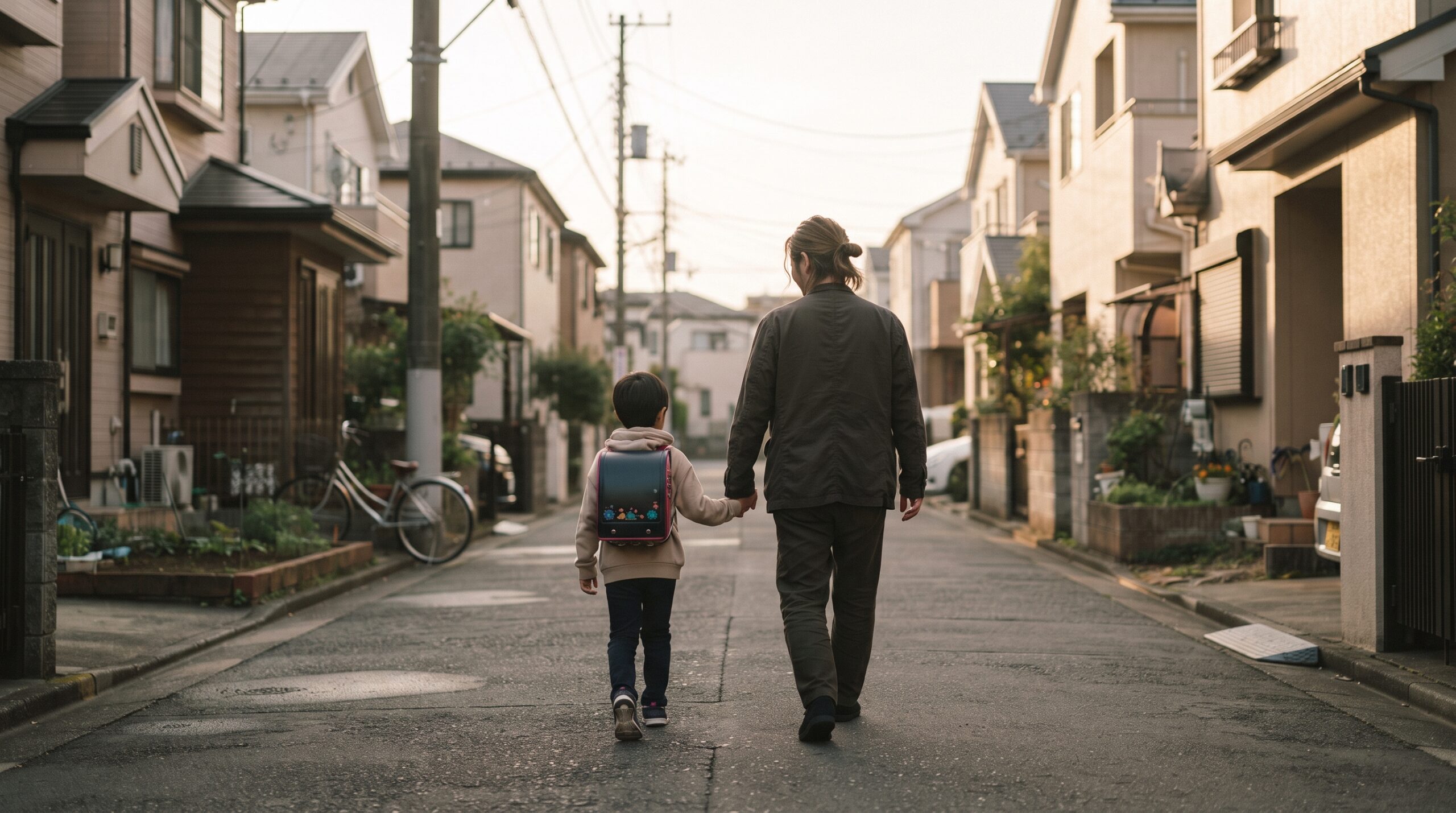 夕方の光の中、保護者と子どもが手をつないで穏やかに歩く後ろ姿のイメージ