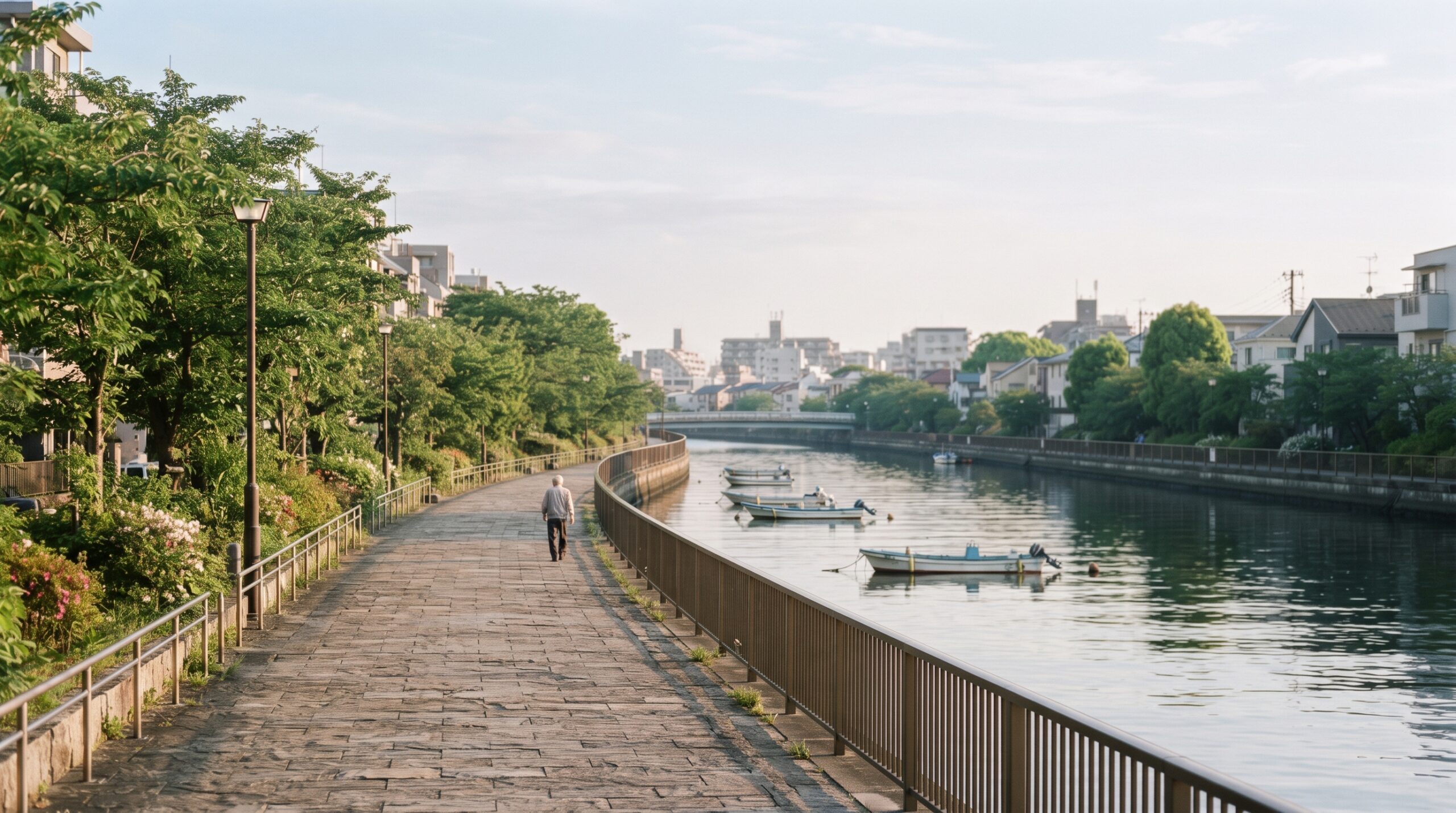 東京都江東区の運河沿いの遊歩道と水辺の風景。学校の外にも安心できる居場所があることを感じさせる